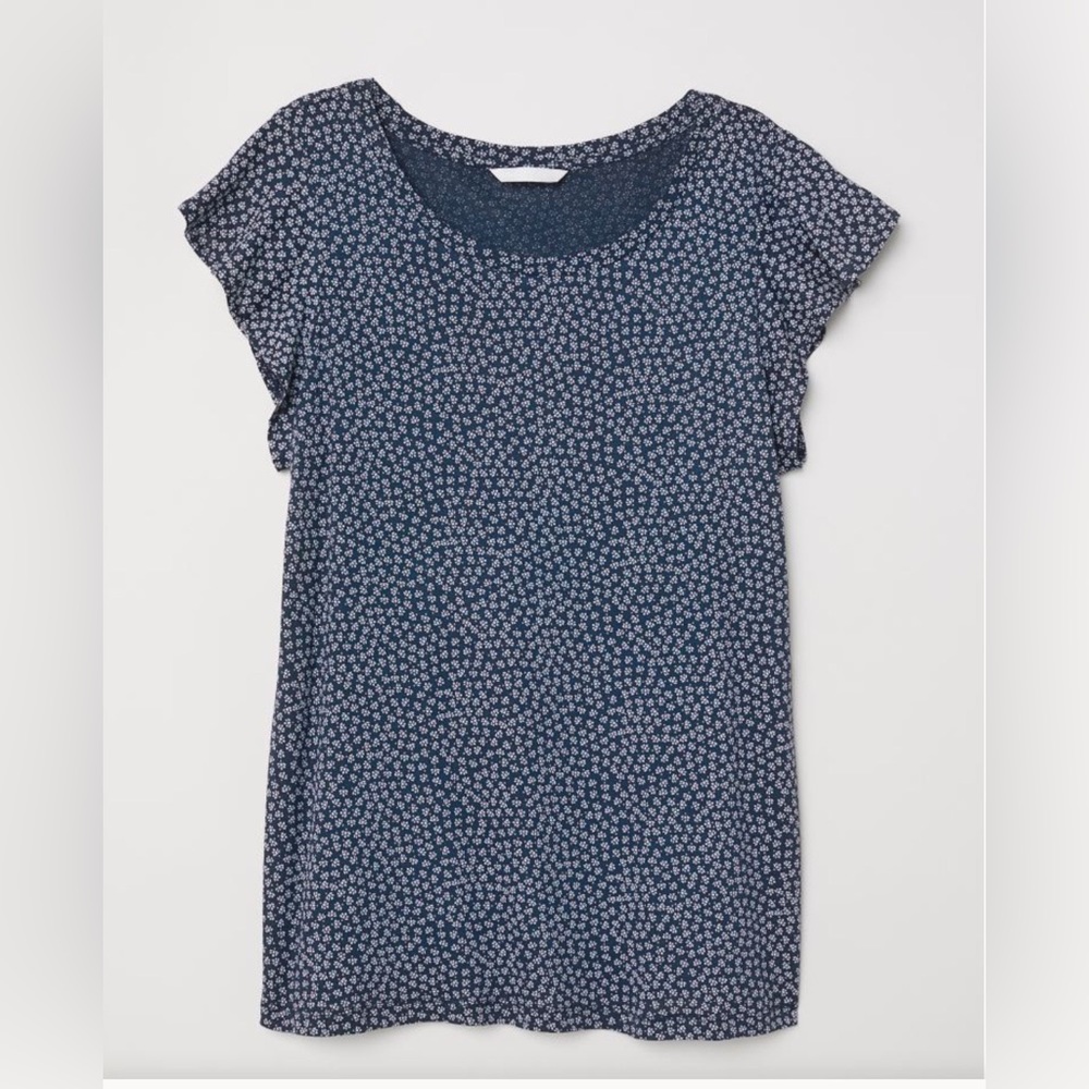 H&M XL Flounce-Sleeved Dark Blue/White Floral Jersey Top